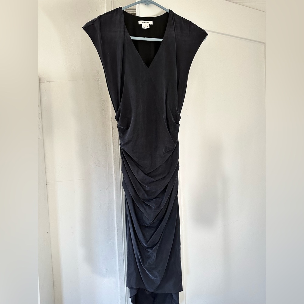 Helmut Lang Navy Blue asymmetrical draped midi dress - XS